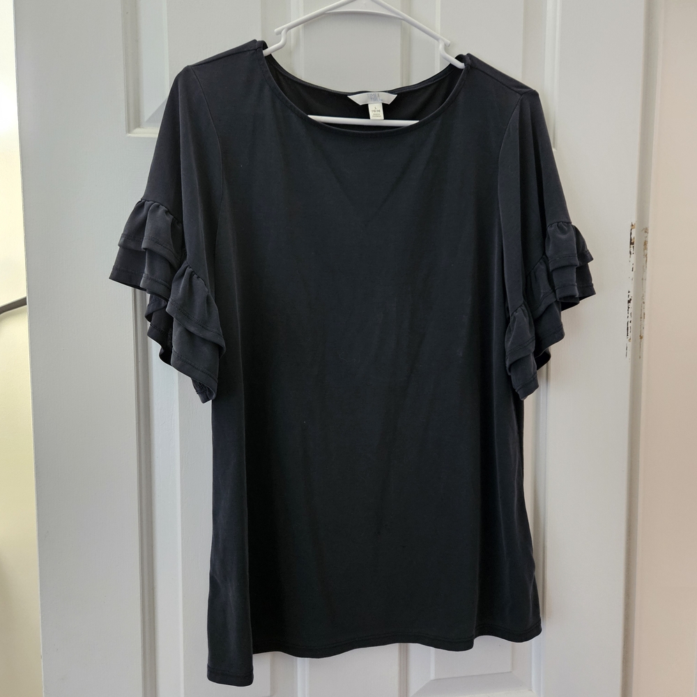 Time and Tru Dark Blouse with Ruffle Sleeves